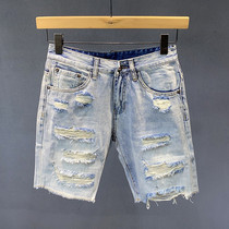 Jeans men 2021 new summer thin shorts Hong Kong wind beggar hole jeans wear outside the five-point pants tide