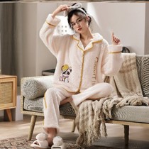 Flannel pajamas women autumn and winter plus velvet thickened coral velvet long sleeve set cartoon sweet can wear home clothes