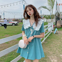 Summer 2021 New French niche design sense doll collar very fairy waist short sleeve dress women