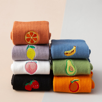 (2 pairs of embroidered fruit sports cotton socks middle tube lady spring student sock Korean stockings
