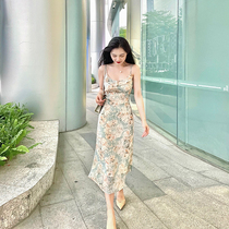 Lin Guanguan French retro sundress floral dress chiffon long skirt slim temperament female summer 2021 new