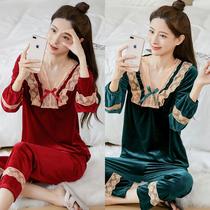 Pajamas women winter suit golden velvet material loose and comfortable Korean version can be worn outside fashion sexy V collar Net red pop style