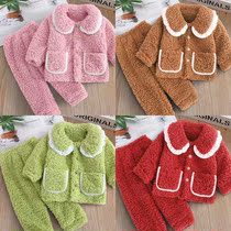 Childrens pajamas coral velvet girls pajamas long sleeve flannel autumn and winter baby children plus velvet home clothing set