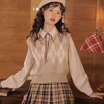 V-collar trend autumn retro College wind Ling Plaid knitted waistcoat slim slim waistcoat short sweater vest women