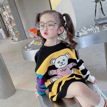 2021 Womens autumn wear new stripes cartoon Korean childrens sweater dress baby Foreign style princess skirt