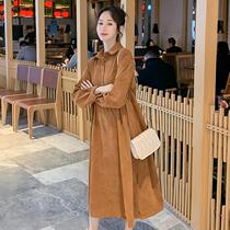Pregnancy and feeding Spring and autumn season new medium length light core suede shirt loose long sleeve flap collar pregnant woman breastfeeding dress