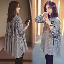 Pregnant womens autumn clothing suit loose blouses foreign air fashion plaid shirt with long and two spring fall in dress skirt