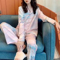 Light powder ~ water ripple design LIEVSI TOM new pajamas womens autumn and winter comfortable Ice Silk two-piece set
