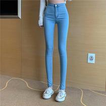 High-waisted jeans women with thin high feet slim stretch light color pencil pants girl Joker peach hip trousers