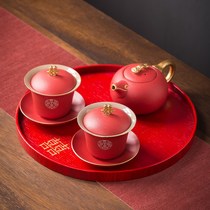 Wedding tea cup set newcomer change tea set wedding cup red teapot three bowls two pairs of wedding supplies