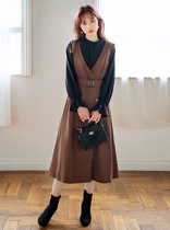 Japanese deep v-neck cotton waist dress solid color trumpet sleeve top two-piece womens suit
