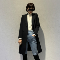 Black small suit jacket womens autumn and winter long Korean version of British style casual small suit jacket womens trench coat