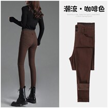 Plus velvet brown jeans women 2021 New elastic waist pants high waist elastic pencil autumn and winter pants