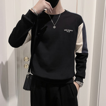 Chao brand men's embroidery contrast plus velvet round neck sweater 2021 winter new pullover warm casual long sleeve jacket