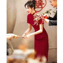 Qipao toast to the bridal senior senses Chinese embroidered summer wedding wine red color explicit and slim engagement back to door gown