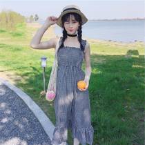 Summer womens 2021 New Korean student hipster loose sling tube chest long plaid dress tide
