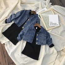 2021 Spring and Autumn New Childrens slim base shirt denim jacket two-piece girl personality foreign style suit
