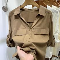 European coffee color long sleeve shirt womens early autumn 2022 new design sense pocket shirt sleeves adjustable upper clothes