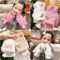 Childrens gloves winter warm cute boys and girls children five fingers baby plus velvet cute padded flip gloves