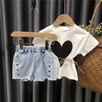  Girls summer suit 2021 new mesh pants summer thin female baby shorts outer wear Western style two-piece suit