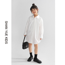 Girls white shirt long sleeve 2022 new spring dress foreign air CUHK Scout mid-length shirt child blouse