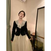  Autumn and winter new French retro autumn long-sleeved shiny temperament goddess fan stitching long waist dress female