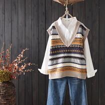  2021 autumn and winter new literary fan womens knitted vest sweater female embroidery jacquard top suit single piece