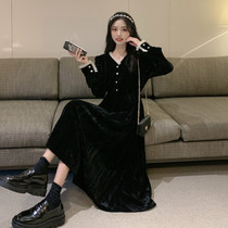 European station 2021 Autumn New Hepburn little black dress tea break waist long skirt Palace style gold velvet dress