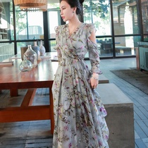 Spring womens 2021 New skirt celebrity goddess Fan Long skirt V collar shoulder floral skirt slim dress