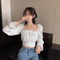 Chiffon autumn beautiful back wooden ear side collar bubble sleeve short shirt 2021 New Korean version long sleeve top women tide