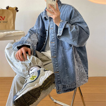 Splice cashew jacket mens spring and autumn new young couple washed retro denim jacket Korean version of trend clothes