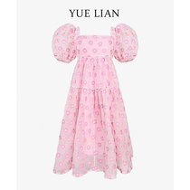Yolian ~Fugitive princess bubble sleeve dress Pink small daisies embroidered A-line big swing sweet 2021