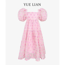 Yolian ~Fugitive princess bubble sleeve dress Pink small daisies embroidered A-line big swing sweet 2021