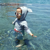 Spot next one-piece Childrens swimsuit boy boy sunscreen quick-drying hooded surf suit shark pattern 0-3