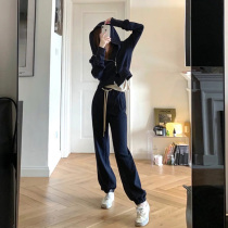 Early autumn high-end womens European port style retro chic casual fashion sports sweater pants two-piece set Autumn