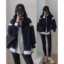 Early autumn niche American fried street senior sense Klein blue thick sweater jacket loose long sleeve top female chic