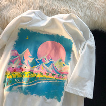 American retro oil painting landscape short sleeve T-shirt female loose ins tide street style salt fried street half sleeve strange taste top
