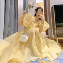 Fairy tale princess skirt summer French Hepburn Palace style lace-up bubble sleeve long style fairy dress