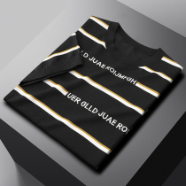  Knitted short-sleeved mens 2021 new trend striped jacquard thin section Korean round neck ice silk t-shirt half-sleeved bottoming shirt