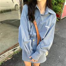 Korean two-color small label corduroy set early autumn retro casual shirt A- shaped half skirt two-piece female