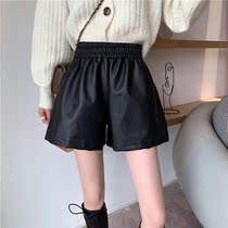 Black high-waisted leather shorts womens autumn 2021 new casual loose slim Joker wear wide legs a pants