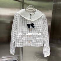  Miumi bow mesh plaid pearl gold buckle jacket bow with doll collar Super age-reducing model