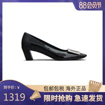 Roger Vivier RV womens shoes square head shallow leather flat shoes single shoes Middle heel square buckle patent leather high heels