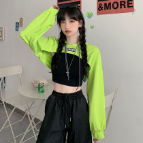 Ultra short Vest Dew navel Long sleeves Two womens Korean version Loose Hip Hop High Waist Jazz Street Dance Blouse Suit Woman
