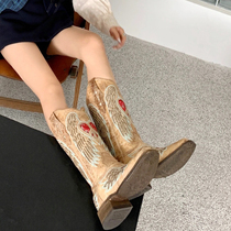 Ashikos the same length boots female though kneecap with retro Roman wind embroidery midcylinder western cowboy boots woman