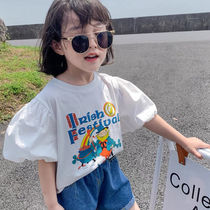 summer 2021 new style girls short-sleeved t-shirt Western style 3 loose bubble sleeves childrens swimsuit summer white top tide