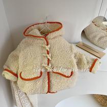 Autumn and winter New ~ girl cashmere coat female baby warm plus velvet thickened boy foreign-style hooded sweater tide
