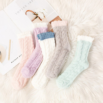 Coral velvet socks womens autumn and winter warm Terry plus velvet thickened moon socks home solid color floor sleep towel socks