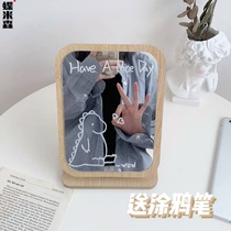 Wooden desktop Beauty Mirror student dormitory bedroom wooden vanity mirror with pen adjustable angle portable desktop mirror