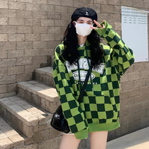 2021 New Lazy Wind Avocado Green Letter Print Hooded Sweater Women Autumn and Winter Loose Plaid Top Women Tide